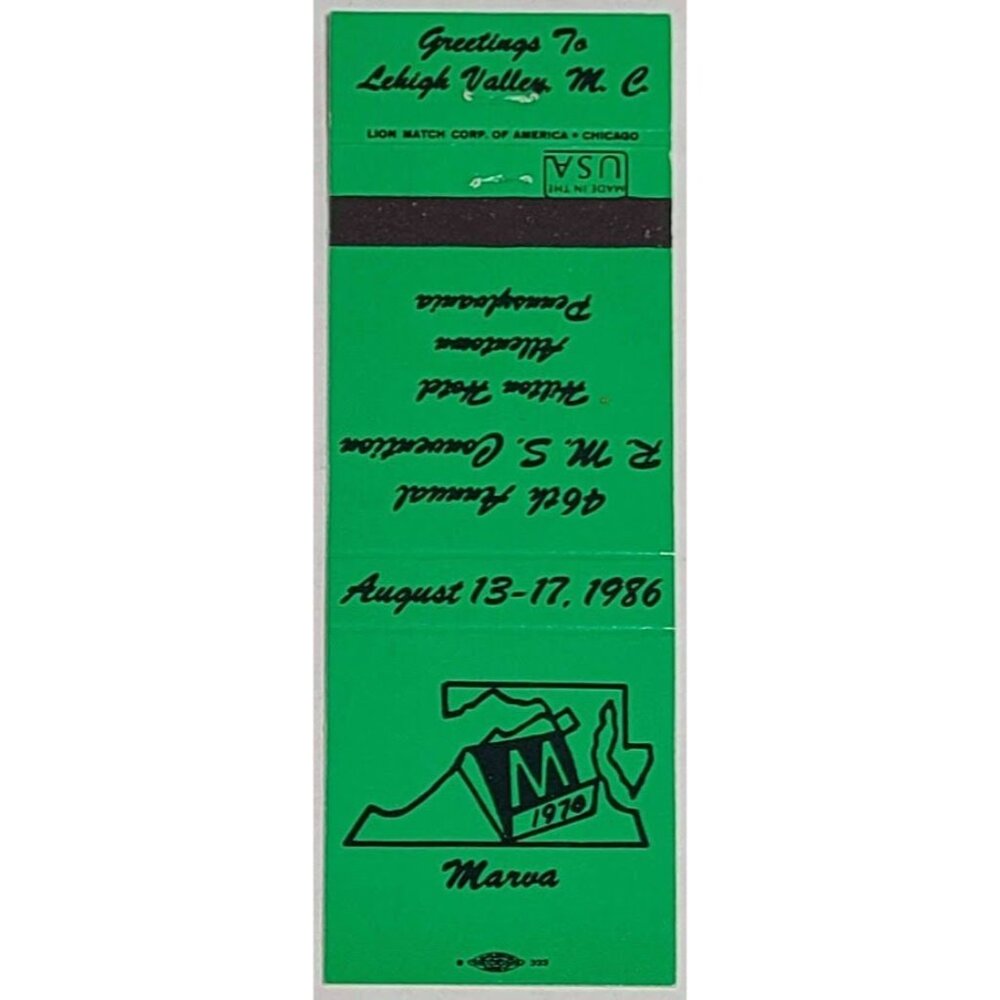 Vintage Matchbook Cover Marva MC RMS 1986 Lehigh Valley PA Convention Green
